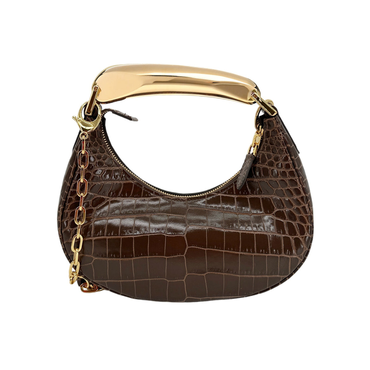 TOM FORD Calfskin Crocodile Embossed Mini Bianca Hobo Chestnut
