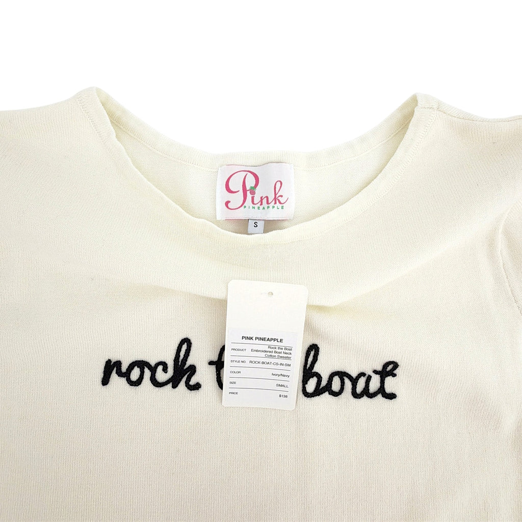 PINK PINEAPPLE Rock the Boat Embroidered Boat Neck Cotton Sweater Ivory S