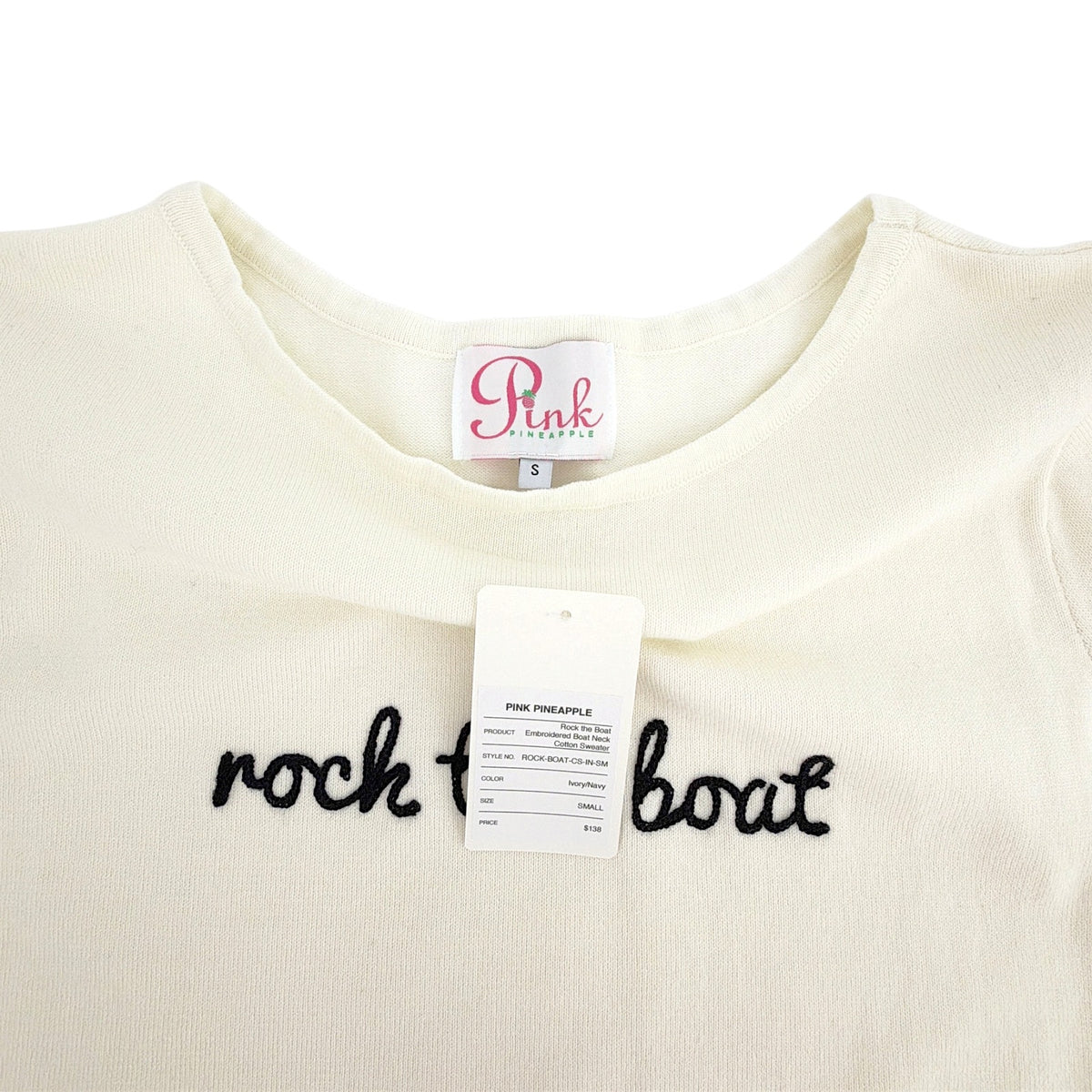 PINK PINEAPPLE Rock the Boat Embroidered Boat Neck Cotton Sweater Ivory S