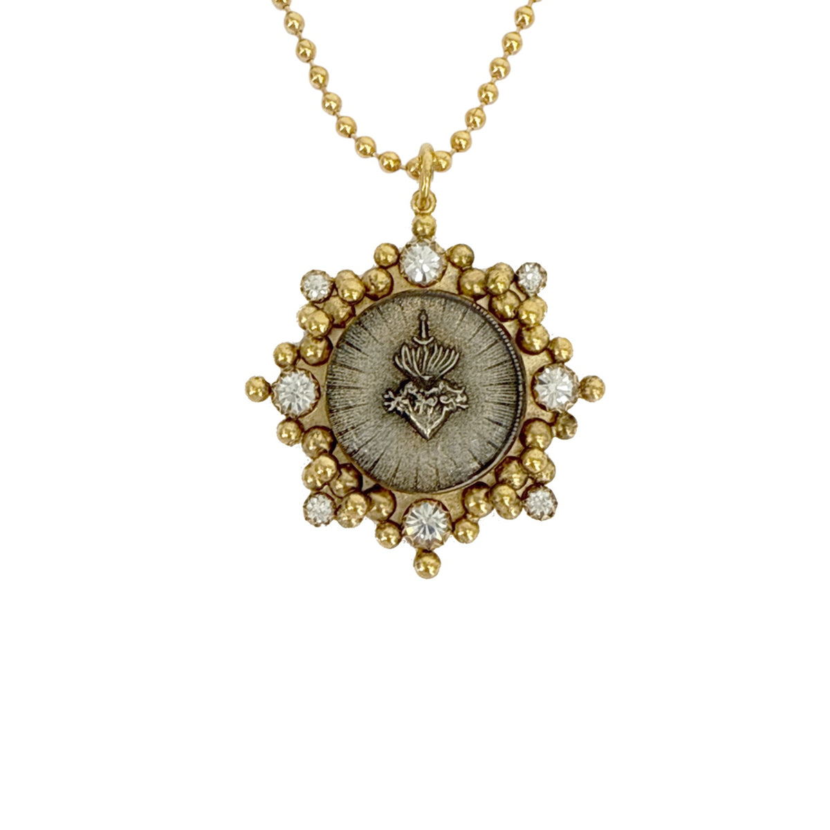 VSA Cloister Sacred Heart Charm Necklace Gold Ball Chain in Gold
