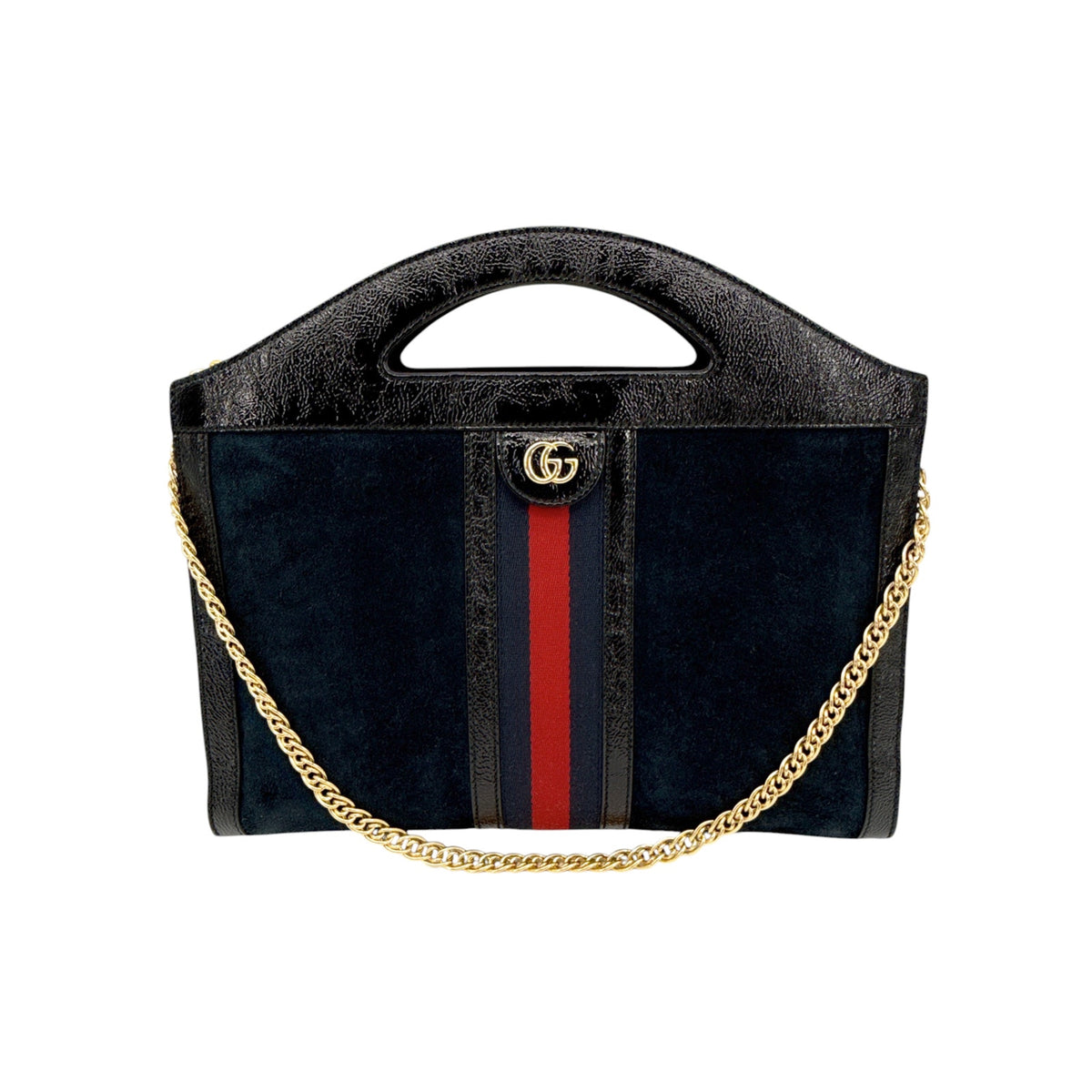 GUCCI Ophidia Cut Out Handle Bag Suede Medium in Navy