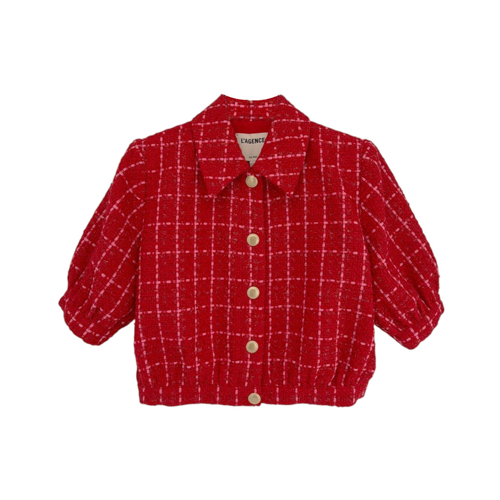 L'AGENCE Cove Cropped Tweed Jacket in Red & Hot Pink Plaid 10|L