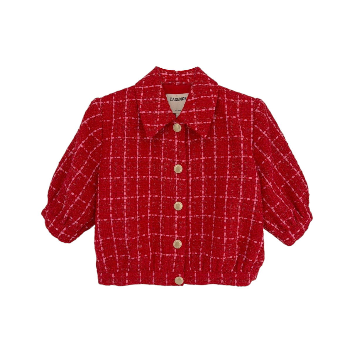 L'AGENCE Cove Cropped Tweed Jacket in Red & Hot Pink Plaid 10|L