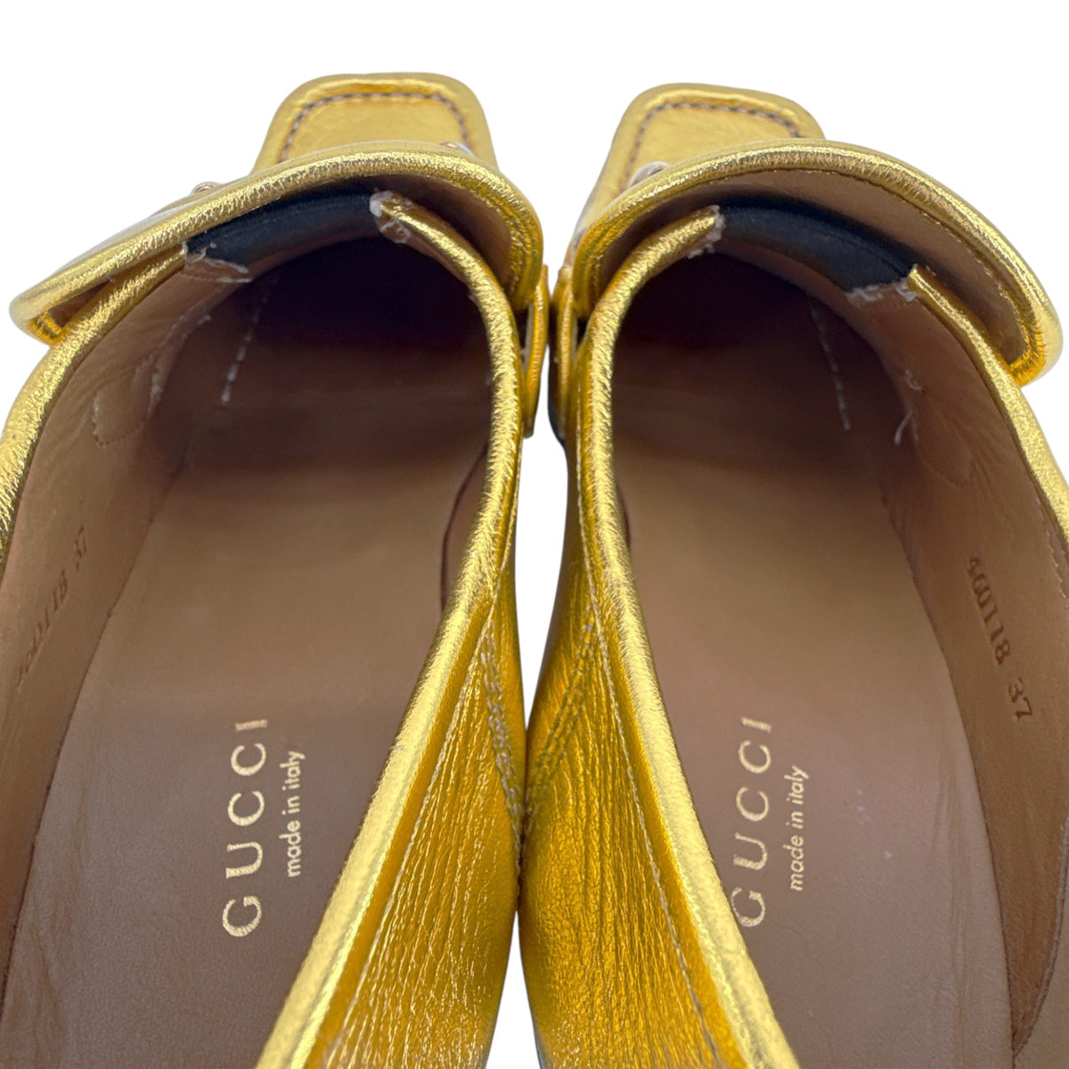 GUCCI Vegas Horsebit Collapsible Heel Metallic Leather Loafer 37