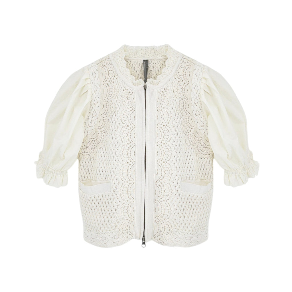ANTHROPOLOGIE Puff-Sleeve Mock-Neck Mixed Media Cardigan Sweater M