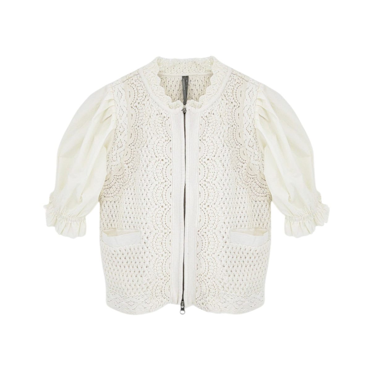 ANTHROPOLOGIE Puff-Sleeve Mock-Neck Mixed Media Cardigan Sweater M