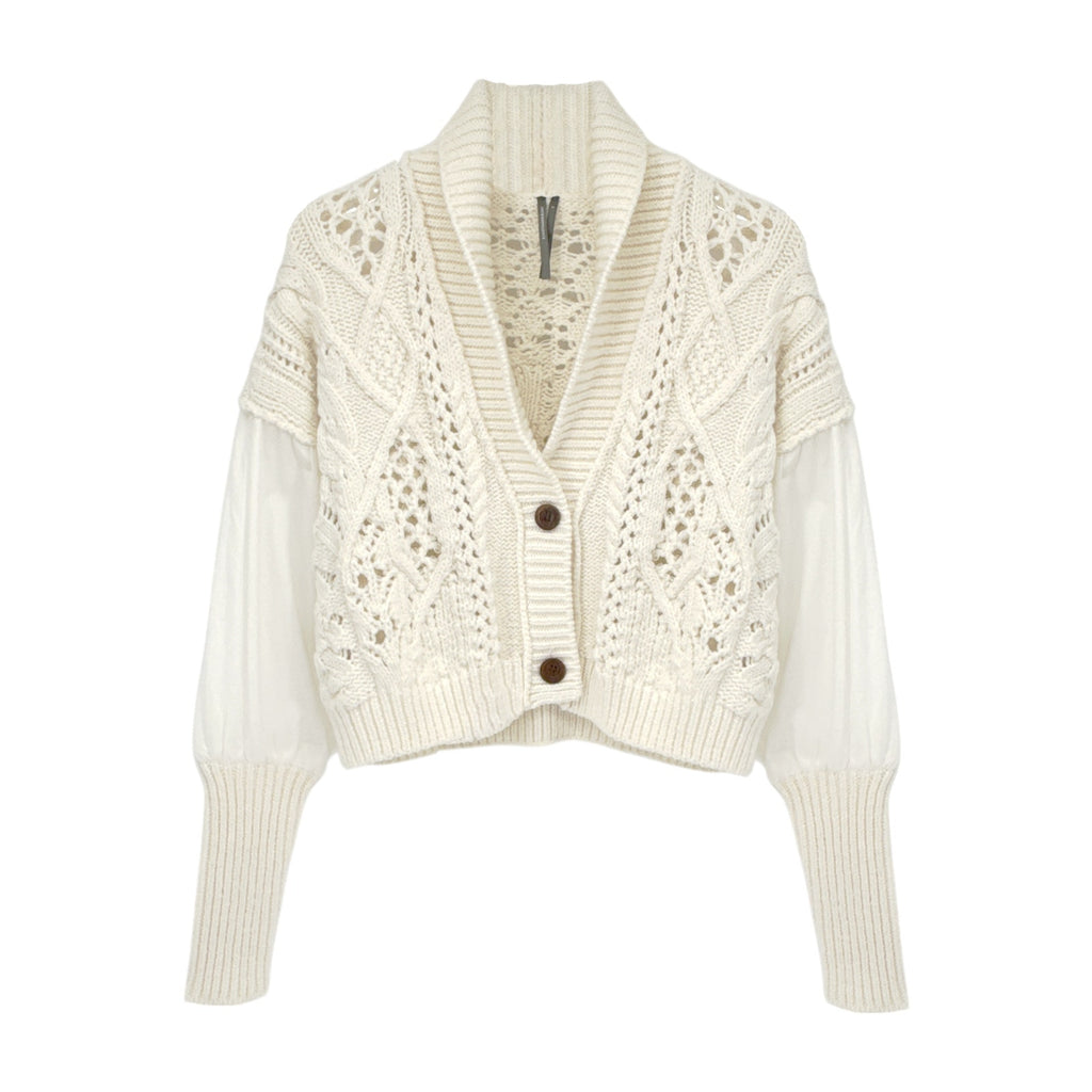 ANTHROPOLOGIE Balloon-Sleeve Twofer Cable-Knit Cardigan Sweater S