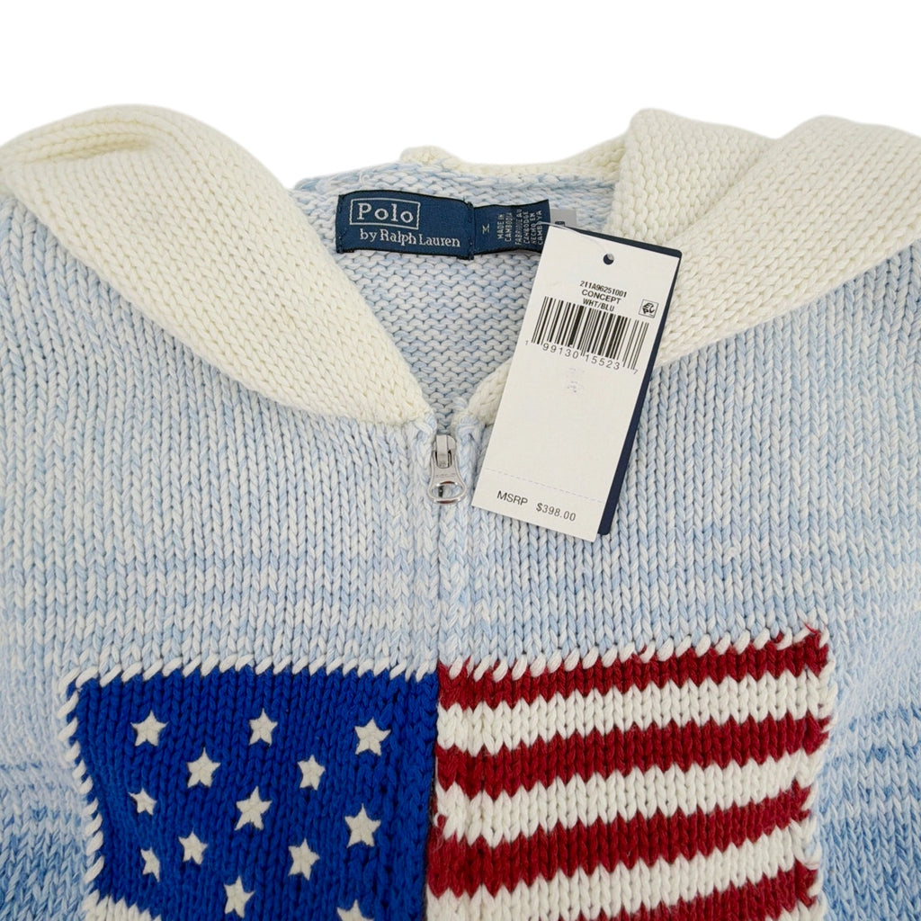 POLO RALPH LAUREN Flag Ombre Zip Hoodie Cardigan in White/Royal Blue M