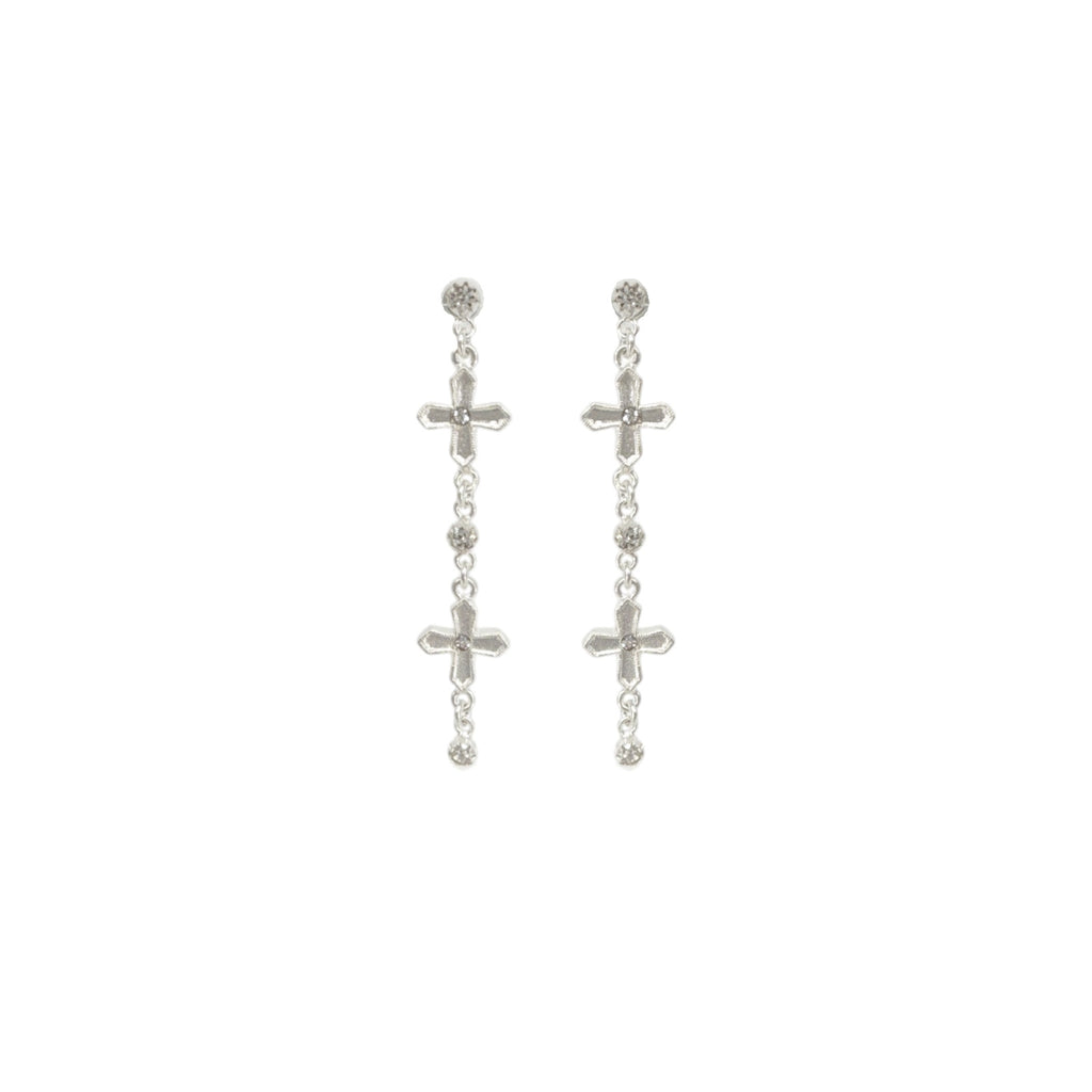 VSA Peace Cross 2 Crystal Drop Post Earrings Silver