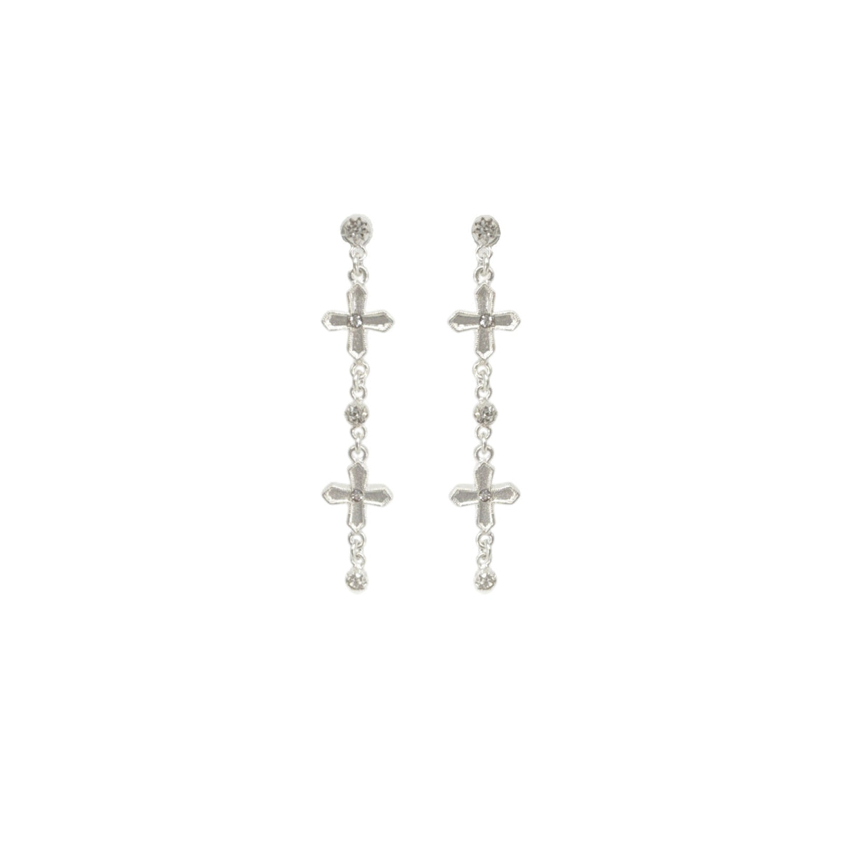VSA Peace Cross 2 Crystal Drop Post Earrings Silver