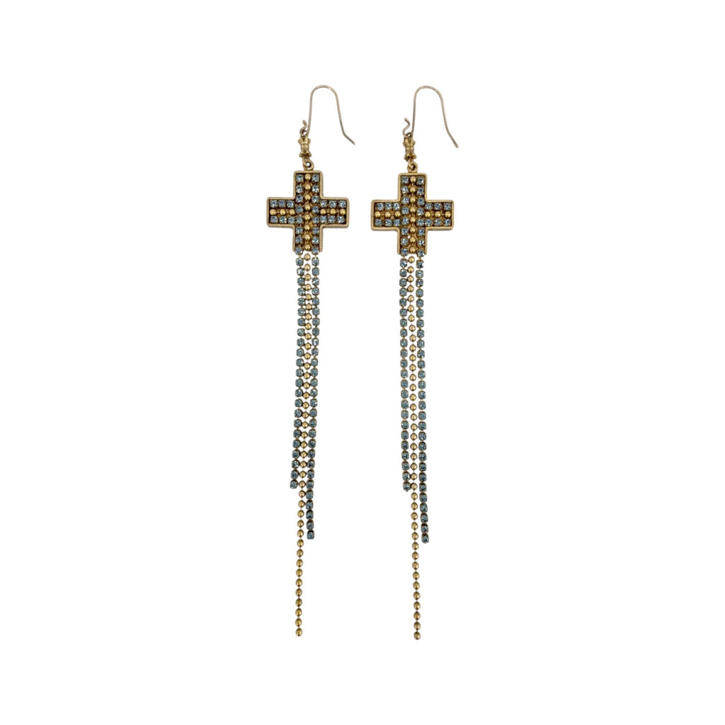 VIRGINS SAINTS & ANGELS VSA Resurrection Cross Chain Earrings in Gold & Blue