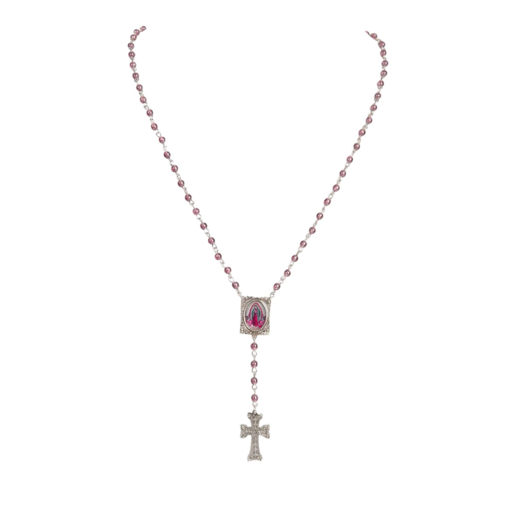 VSA Retablo Guadalupe Rosary Necklace in Silver & Pink