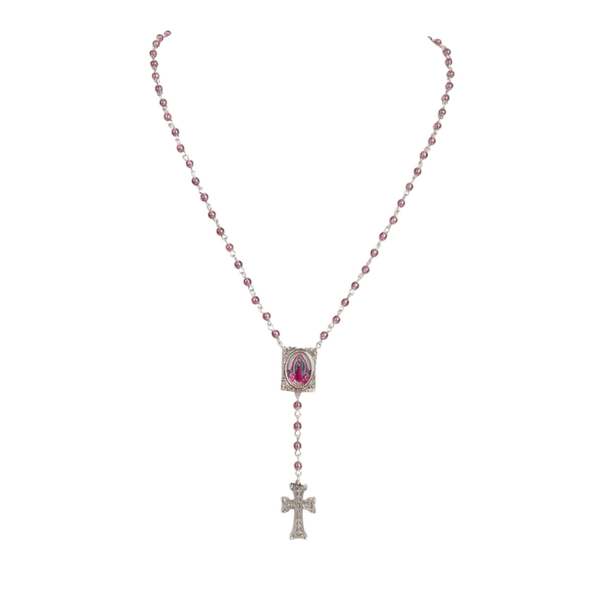 VSA Retablo Guadalupe Rosary Necklace in Silver & Pink