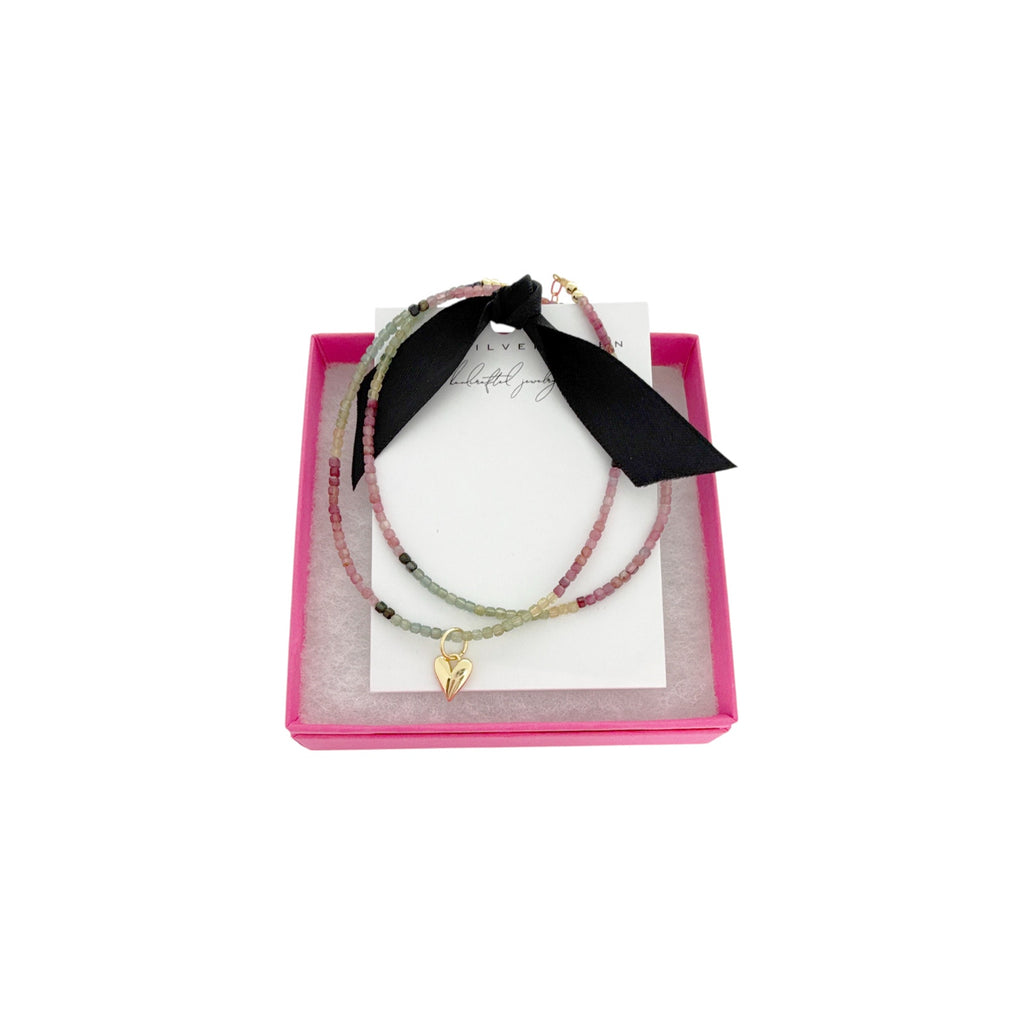 THE SILVER WREN Natural Tourmaline Beaded Necklace+Heart Charm