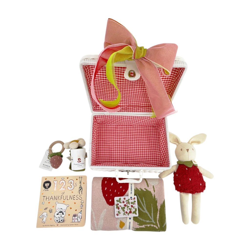 THE BLUEBERRY HILL Strawberry Bunny Baby Gift Basket: Wicker Suitcase