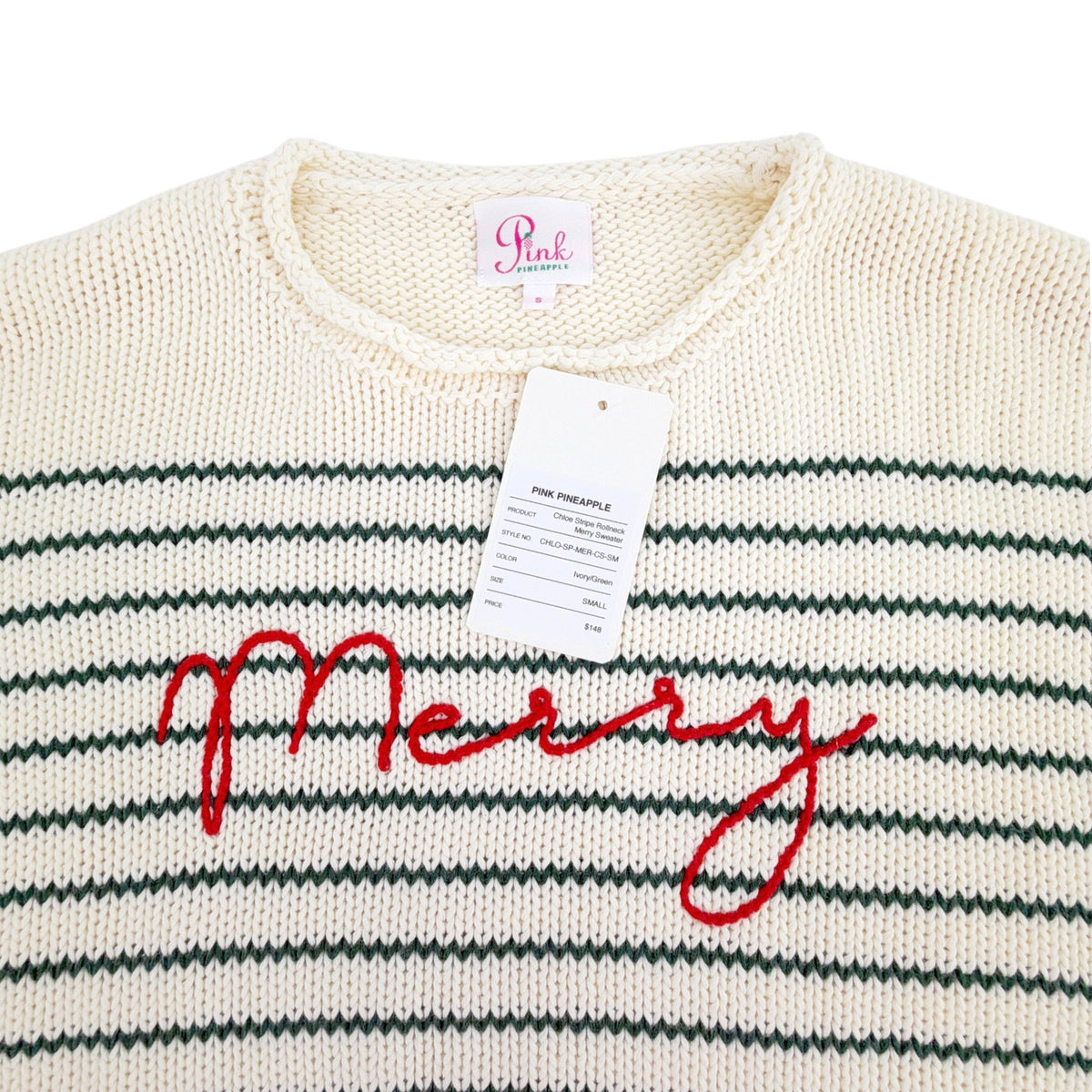 PINK PINEAPPLE Chloe Stripe Rollneck Merry Sweater in Ivory/Green S