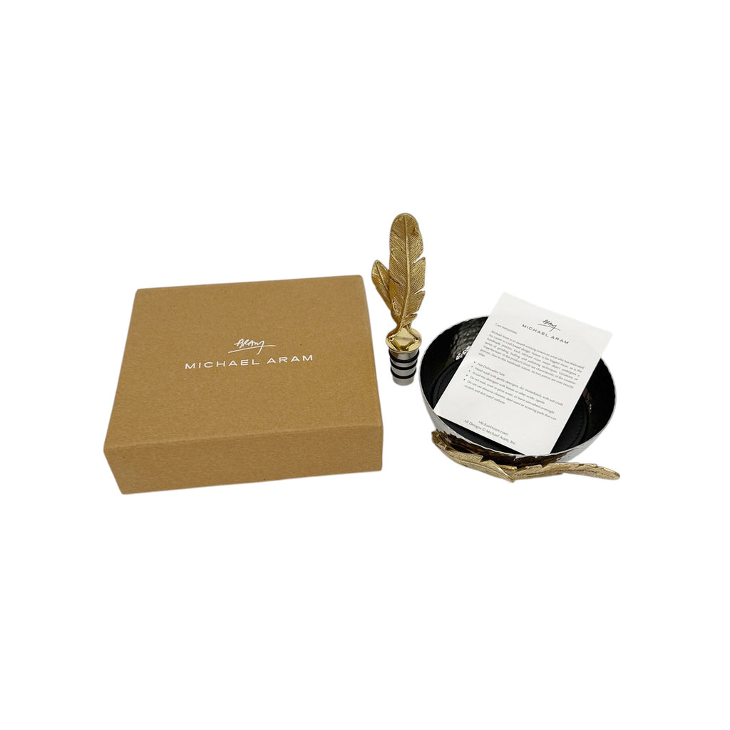 MICHAEL ARAM Gold Feather Coaster & Wine Stopper Set