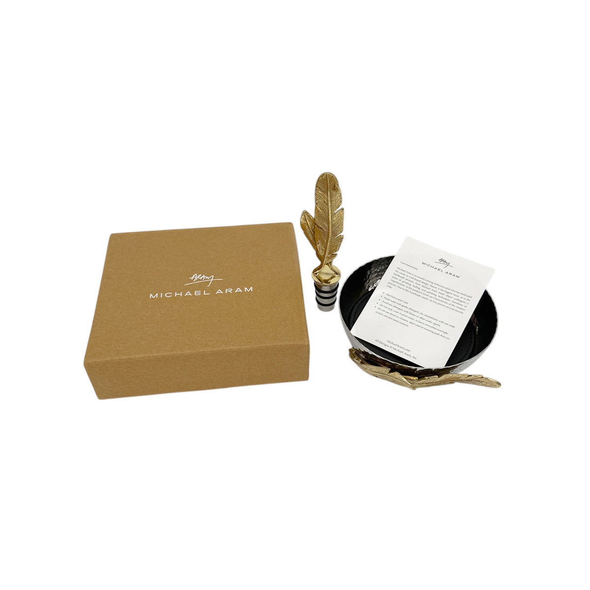MICHAEL ARAM Gold Feather Coaster & Wine Stopper Set