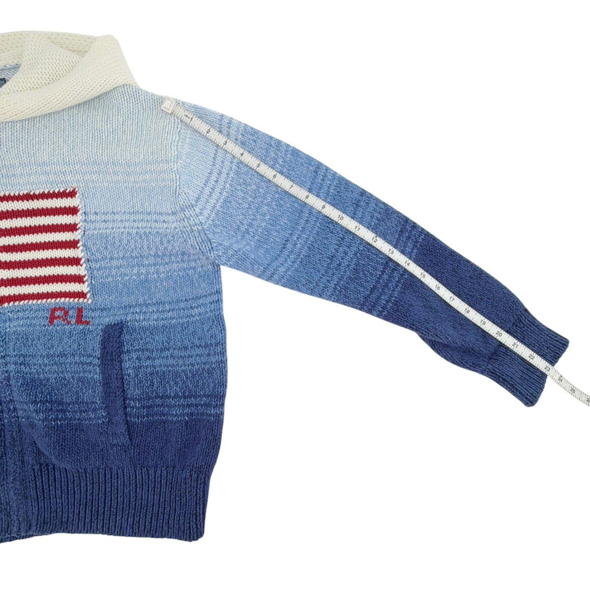POLO RALPH LAUREN Flag Ombre Zip Hoodie Cardigan in White/Royal Blue M