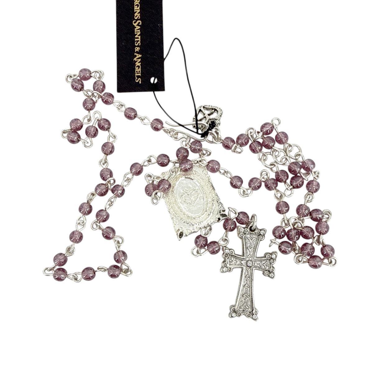 VSA Retablo Guadalupe Rosary Necklace in Silver & Pink