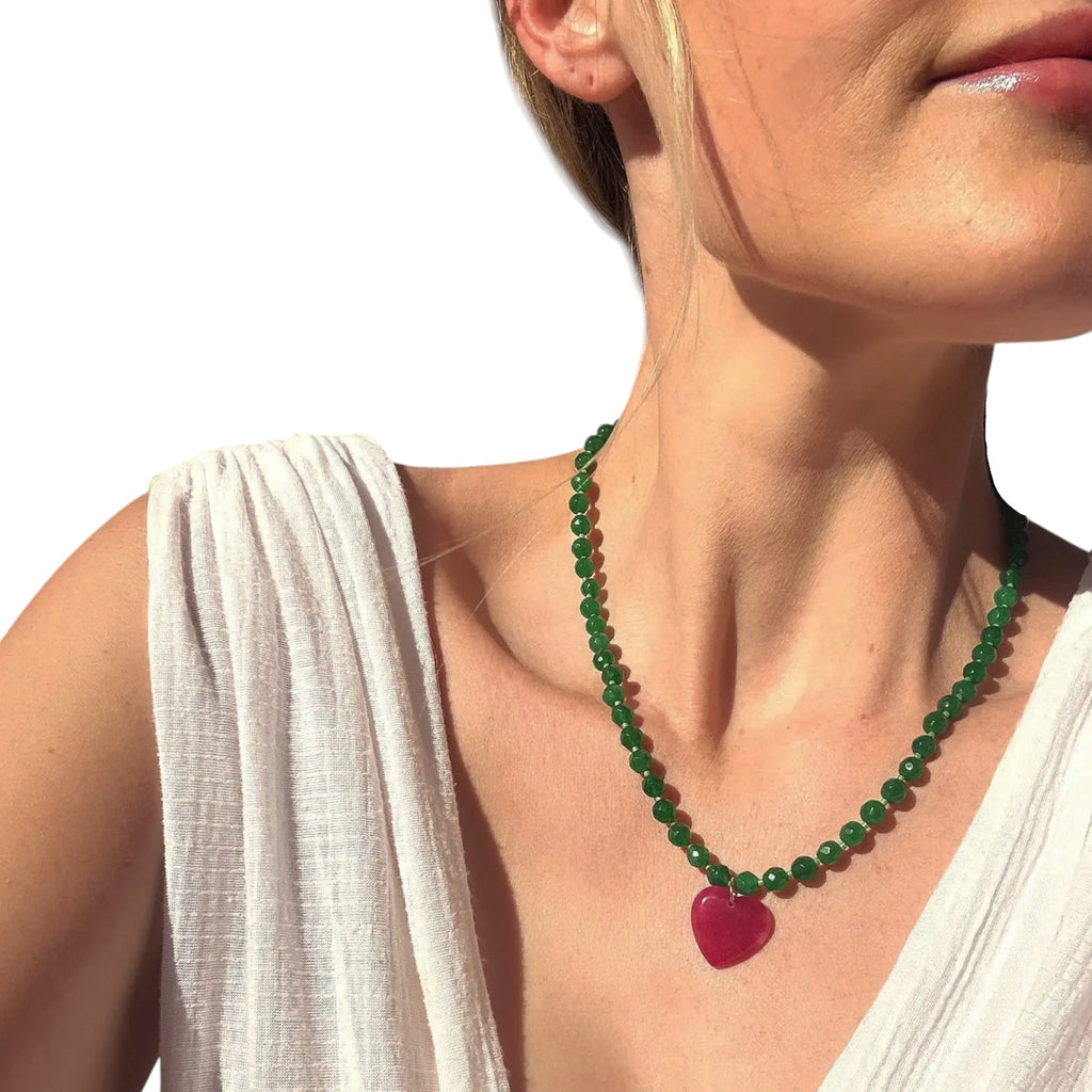 THE SILVER WREN Abel Beaded Necklace in Green and Pink 18"