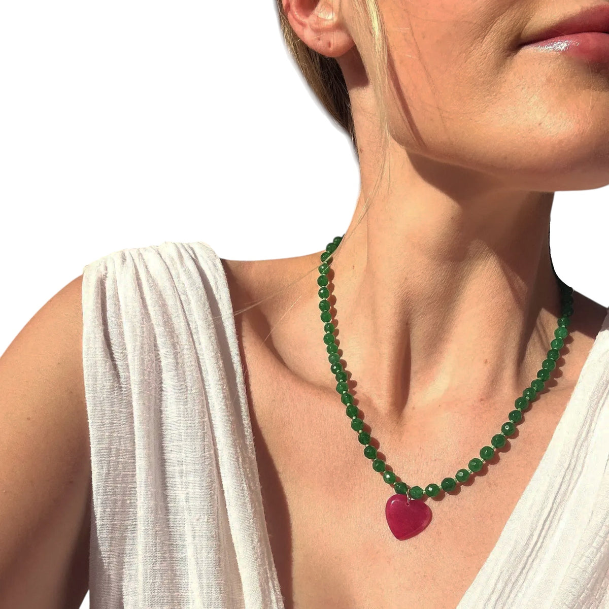 THE SILVER WREN Abel Beaded Necklace in Green and Pink 18"