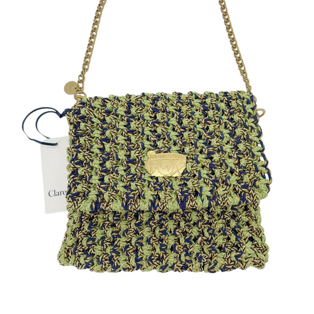 CLARE V. Ramya Bag in Green & Navy Metallic Crochet