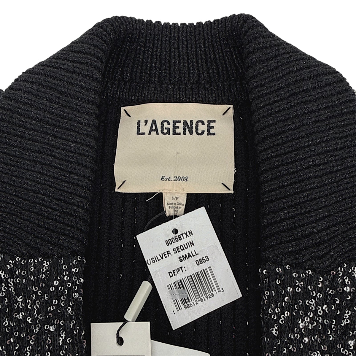 L'AGENCE Leonora Sequin Knit Blazer in Black Silver Sequin S