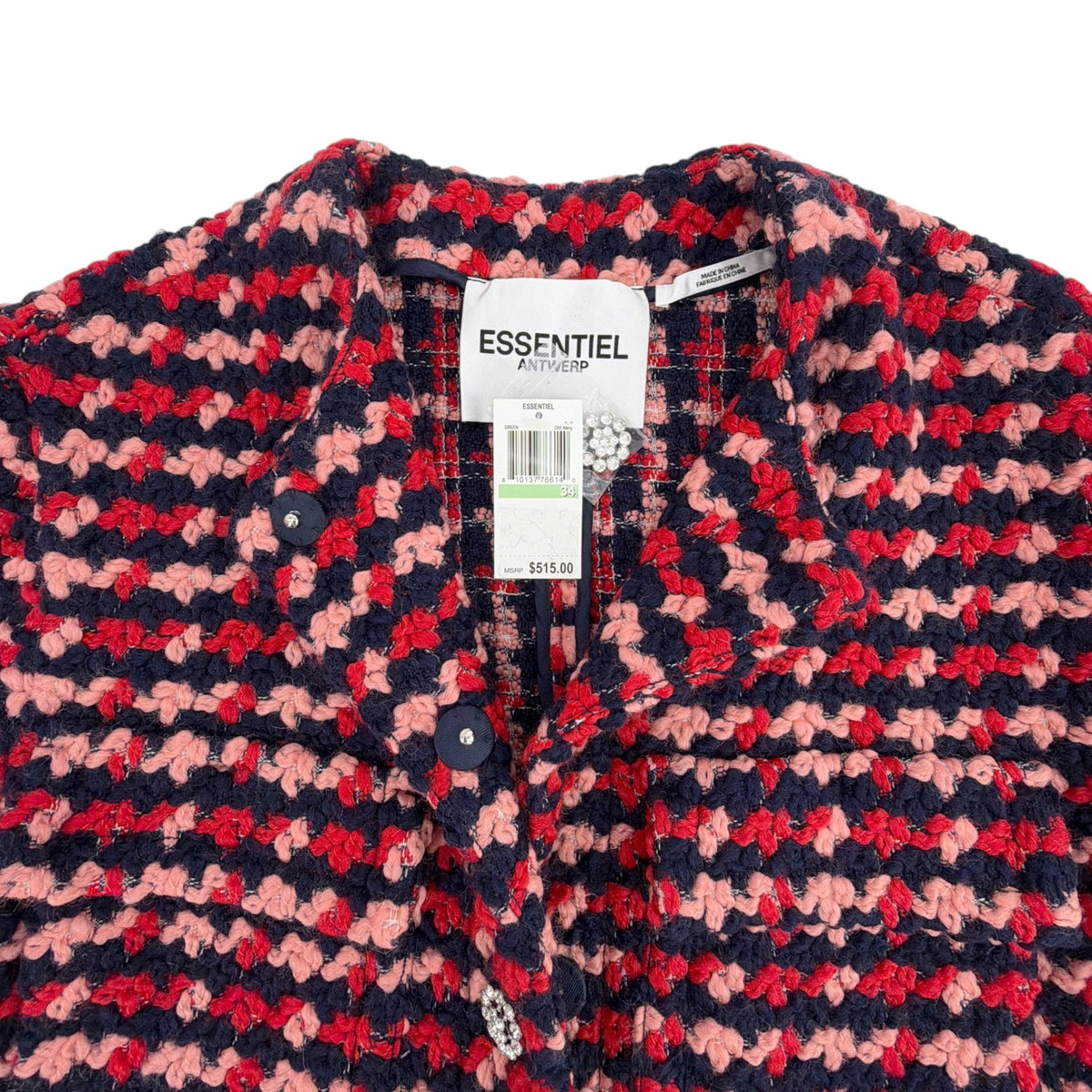 ESSENTIEL ANTWERP Wool Blend Tweed Jacket in Navy Peach & Red XS
