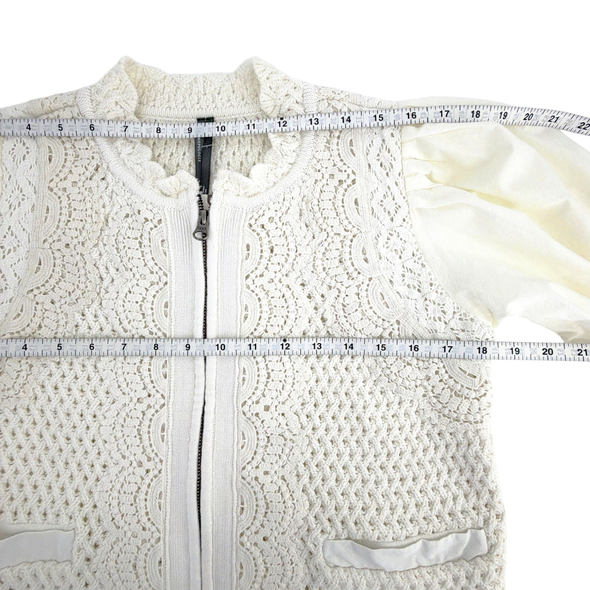 ANTHROPOLOGIE Puff-Sleeve Mock-Neck Mixed Media Cardigan Sweater M