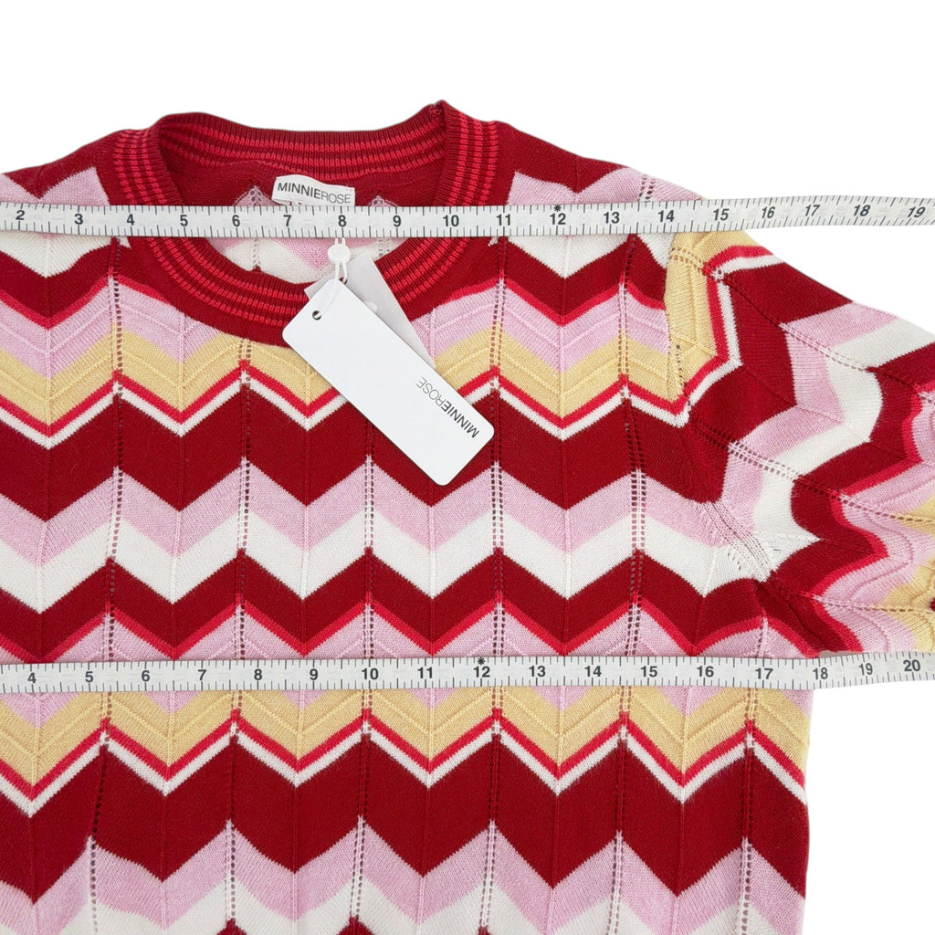 MINNIE ROSE Chevron Pointelle Crew Sweater in Red Multi M