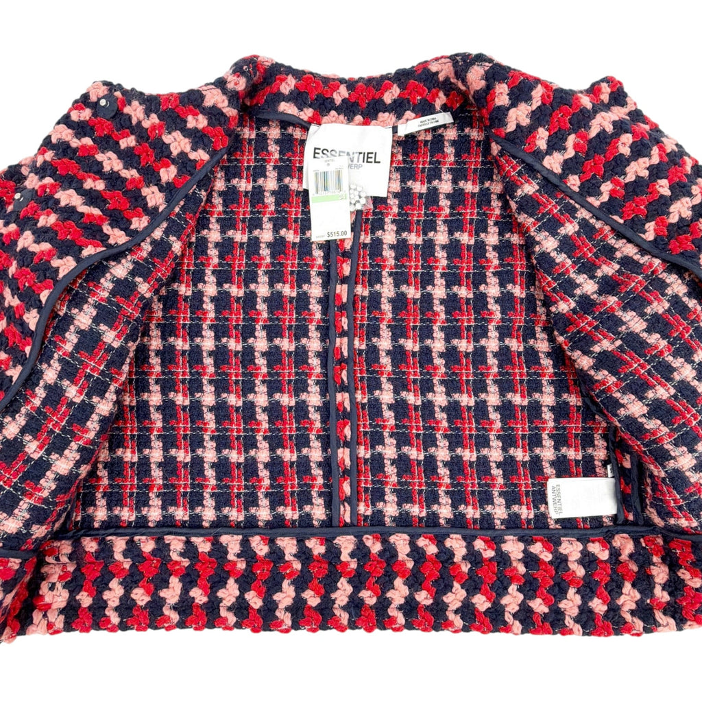 ESSENTIEL ANTWERP Wool Blend Tweed Jacket in Navy Peach & Red XS