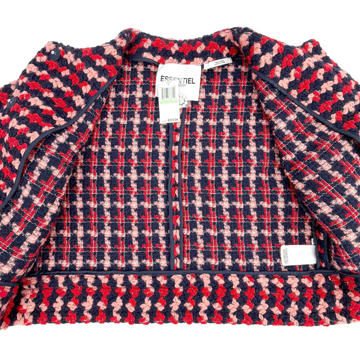 ESSENTIEL ANTWERP Wool Blend Tweed Jacket in Navy Peach & Red XS