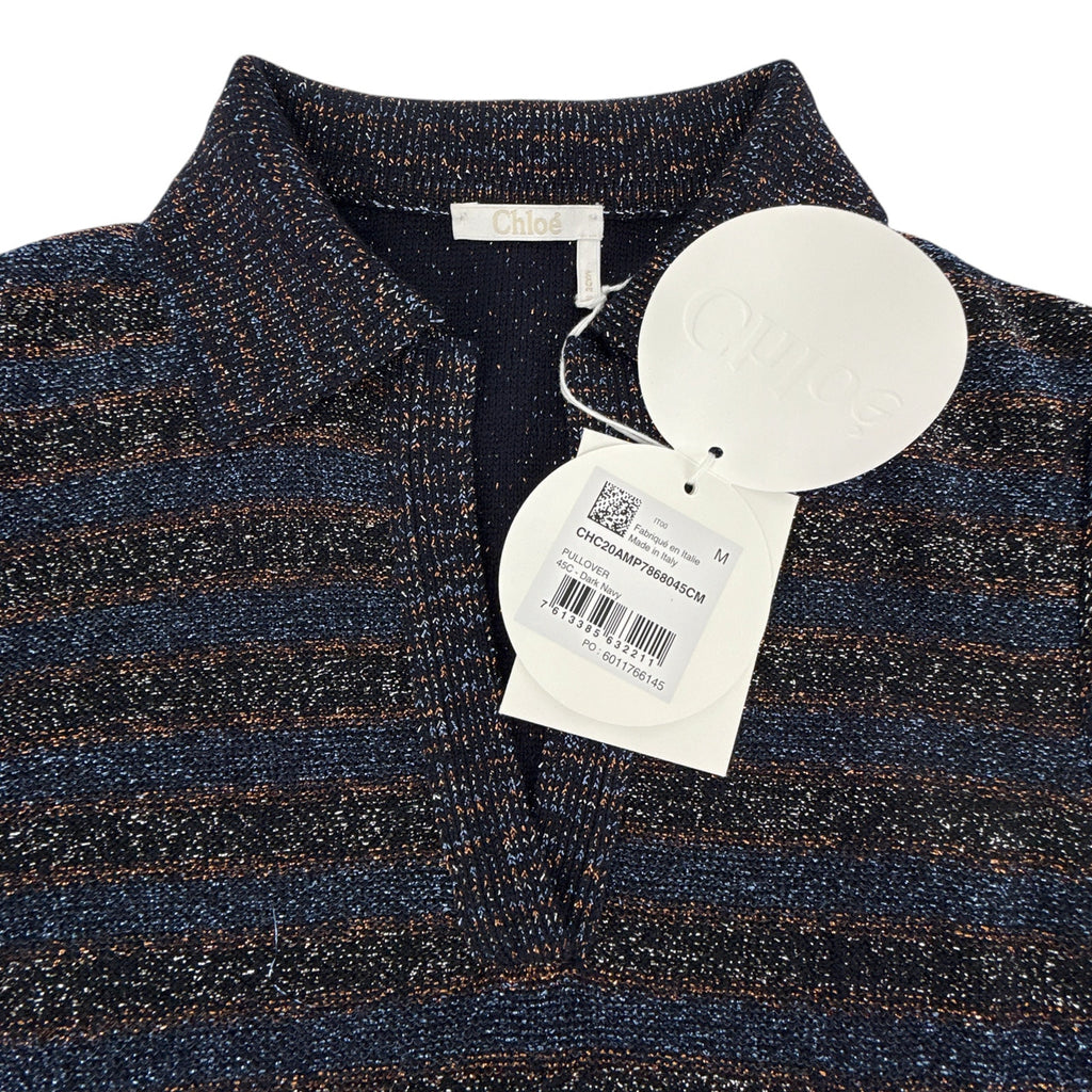 CHLOE Lurex Polo Sweater in Dark Navy M