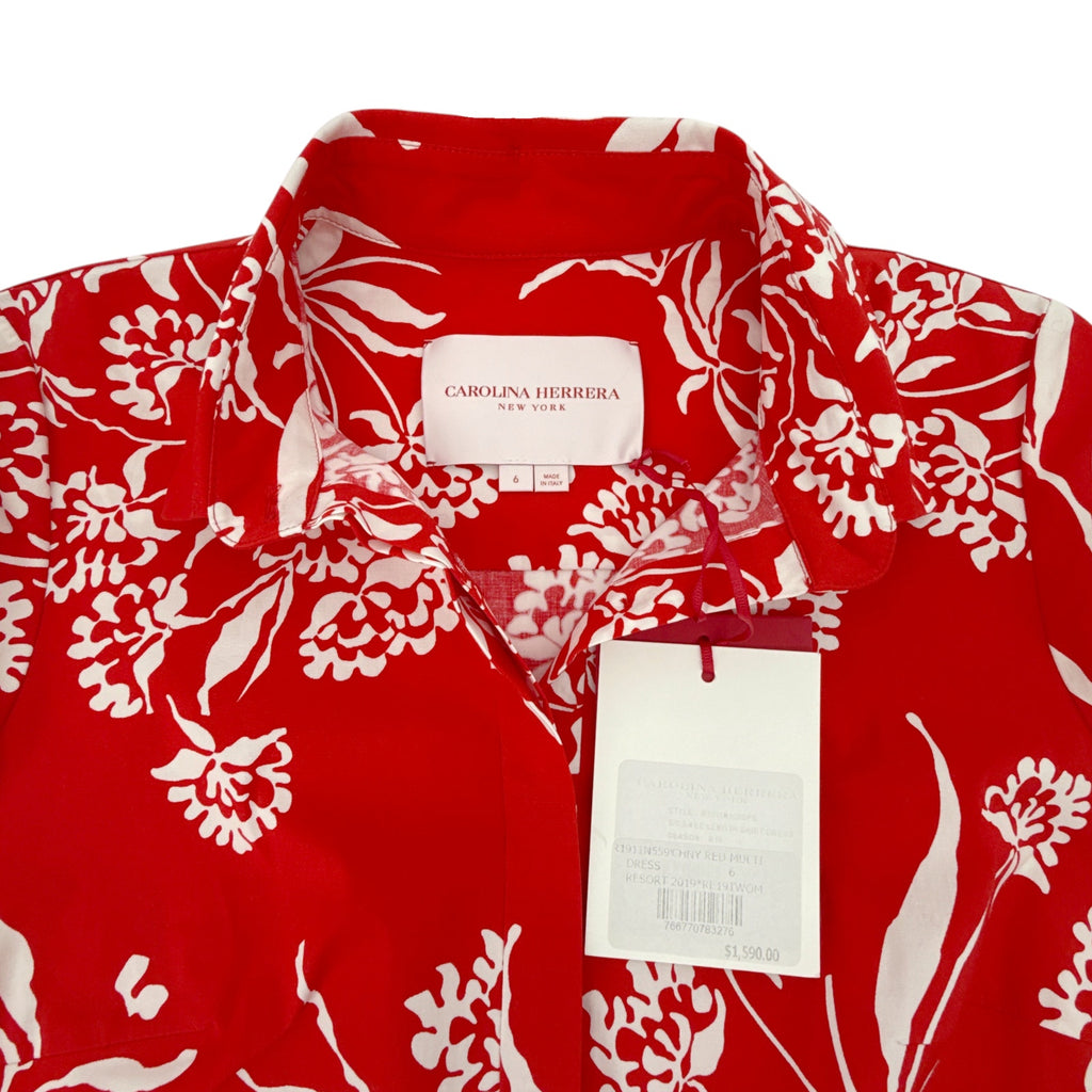 CAROLINA HERRERA Red Printed Short Sleeve Shirtdress in Red 6|M