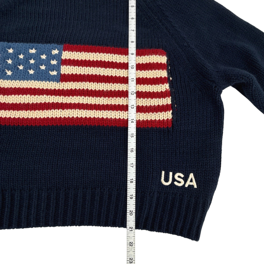 PINK PINEAPPLE Crop Vintage Acrylic Flag Sweater in Navy XS/S