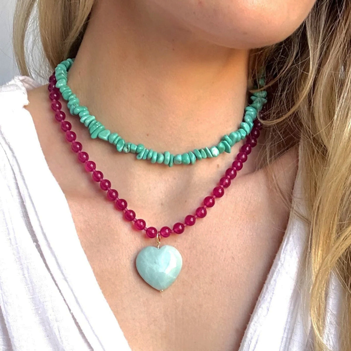 THE SILVER WREN Rylen Beaded Necklace in Pink and Amazonite