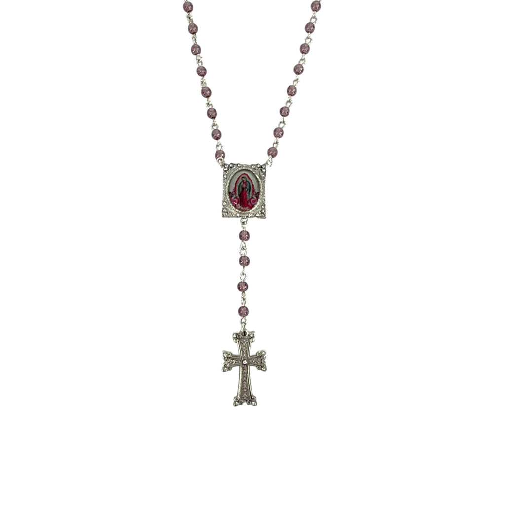 VSA Retablo Guadalupe Rosary Necklace in Silver & Pink