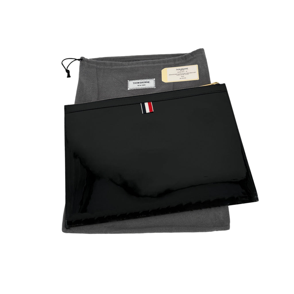 THOM BROWNE Black Soft Patent Leather Grosgrain 4-Bar Medium Document Holder