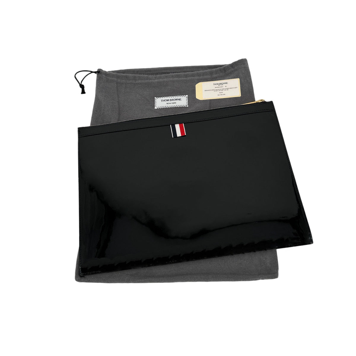 THOM BROWNE Black Soft Patent Leather Grosgrain 4-Bar Medium Document Holder