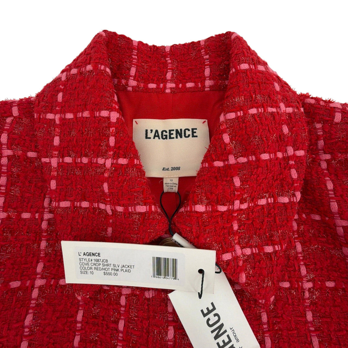 L'AGENCE Cove Cropped Tweed Jacket in Red & Hot Pink Plaid 10|L