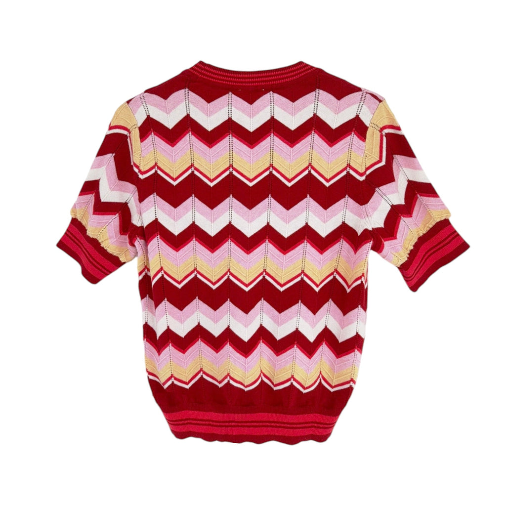 MINNIE ROSE Chevron Pointelle Crew Sweater in Red Multi M