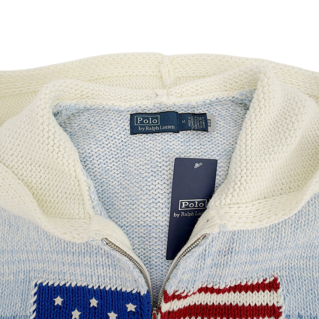 POLO RALPH LAUREN Flag Ombre Zip Hoodie Cardigan in White/Royal Blue M