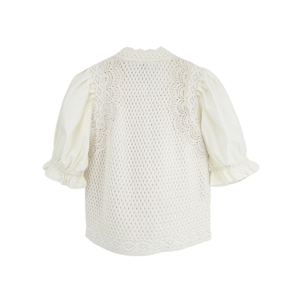 ANTHROPOLOGIE Puff-Sleeve Mock-Neck Mixed Media Cardigan Sweater M