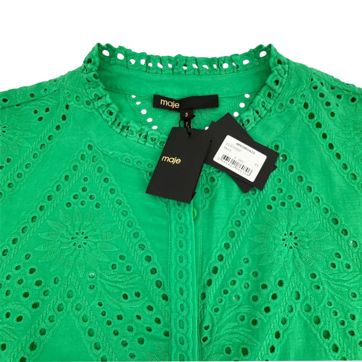 MAJE Ciggy Cotton Eyelet Shirt in Green 3|L