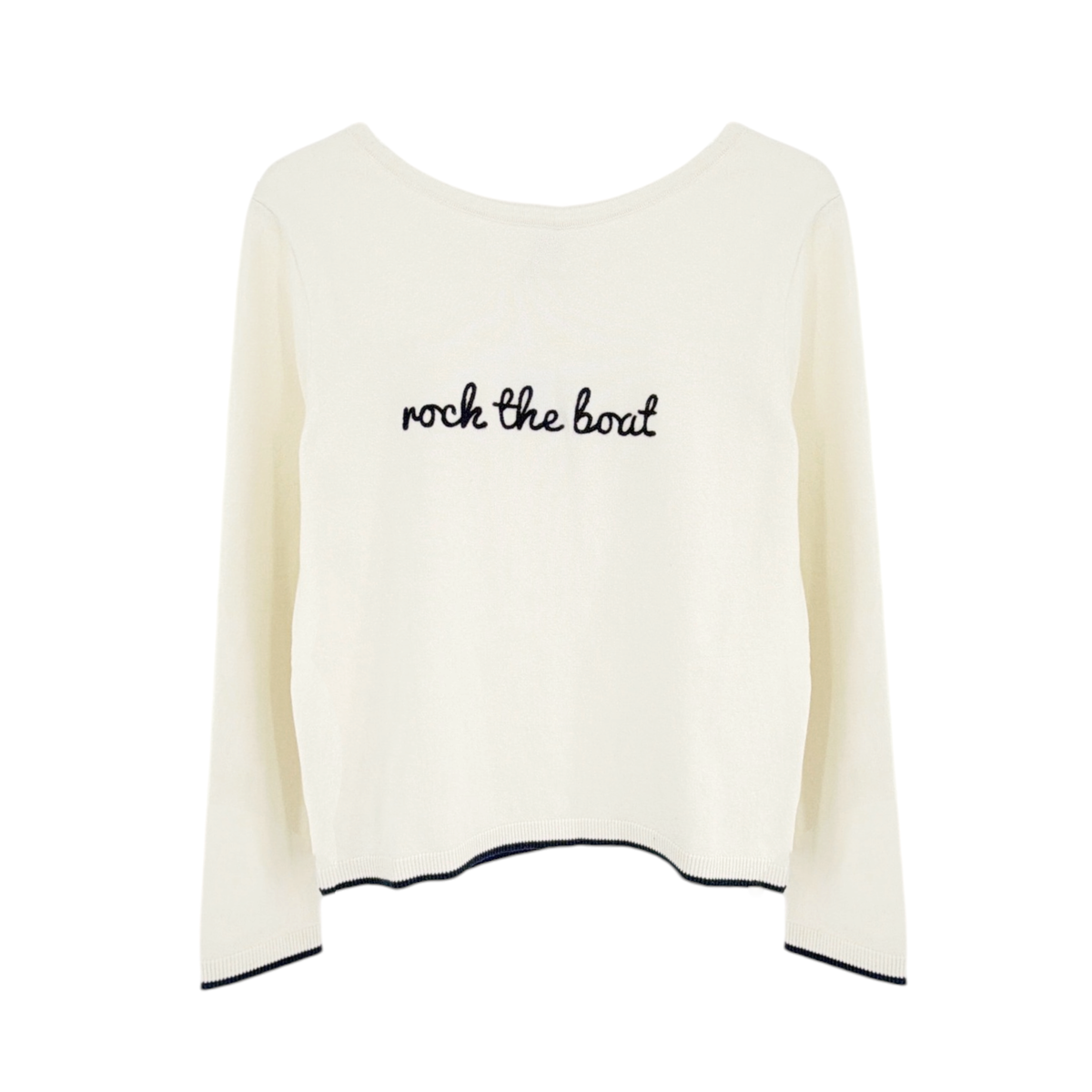 PINK PINEAPPLE Rock the Boat Embroidered Boat Neck Cotton Sweater Ivory S