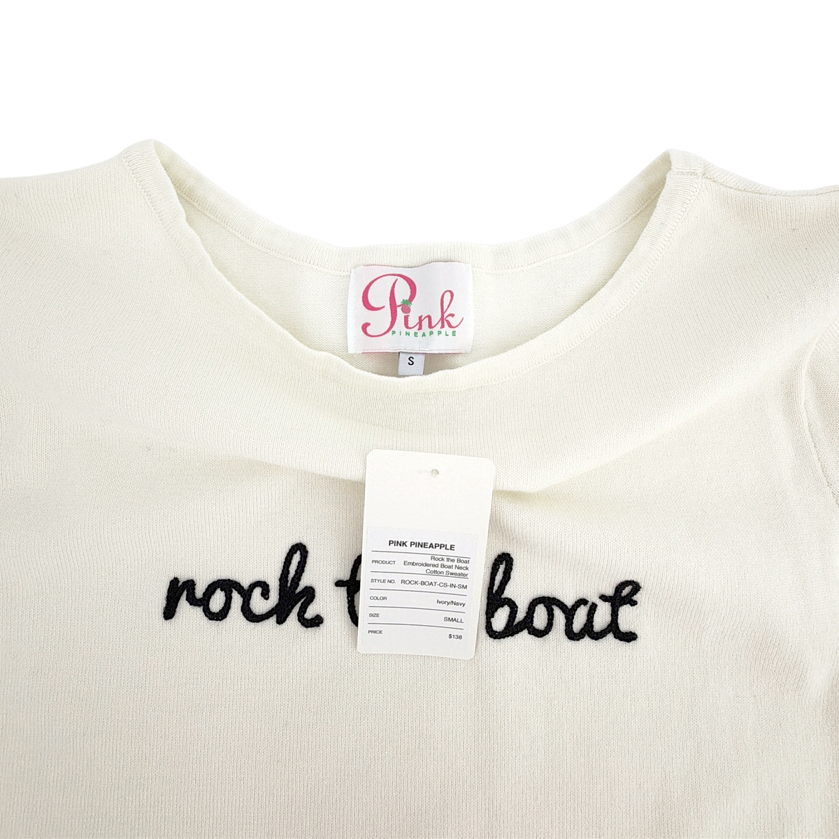 PINK PINEAPPLE Rock the Boat Embroidered Boat Neck Cotton Sweater Ivory S