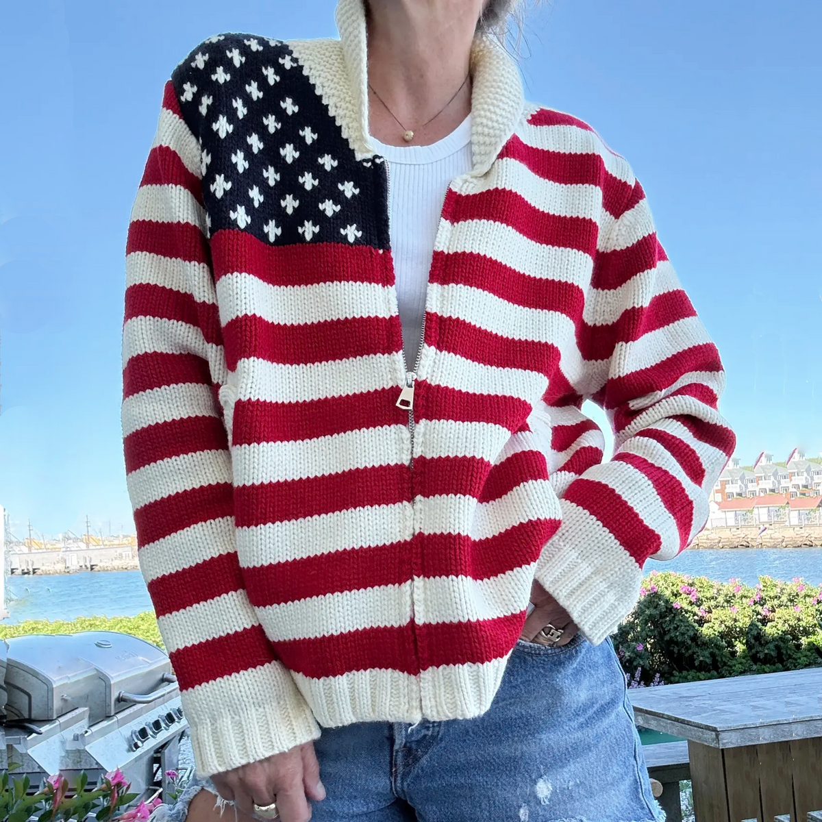 PINK PINEAPPLE Zip Varsity Flag Cardigan XS/S