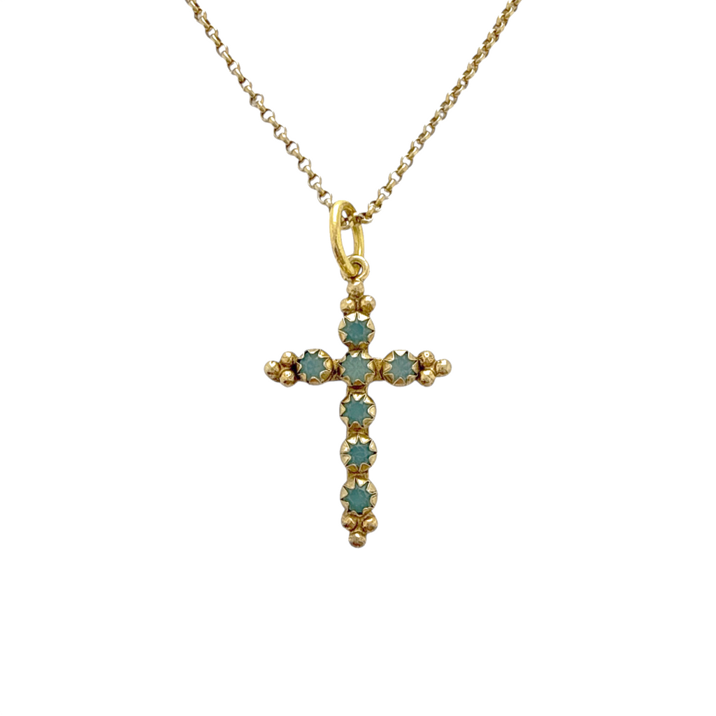 VIRGINS SAINTS & ANGELS VSA Madonna Cross Necklace 16" in Pacific Opal & Gold