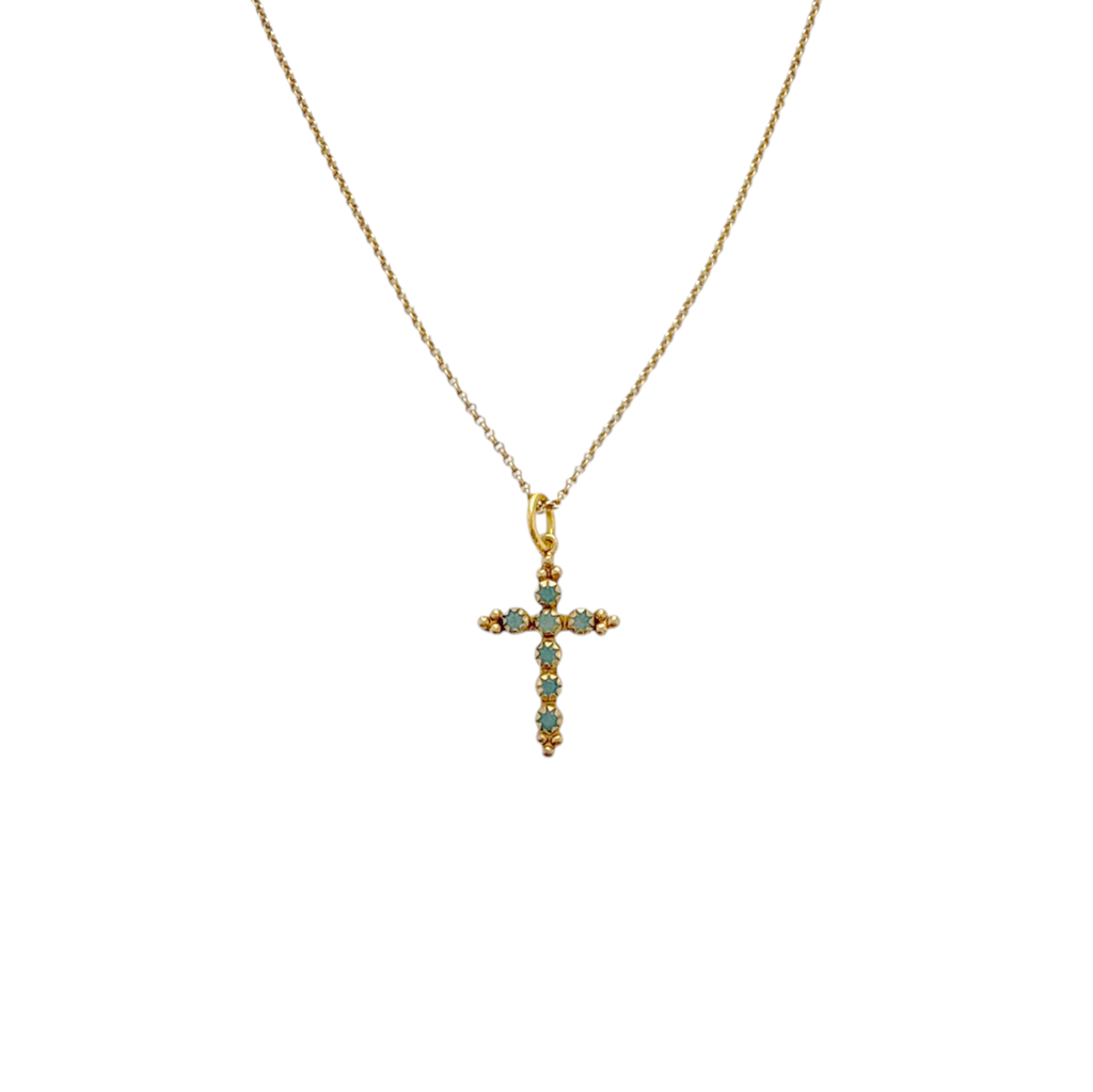 VIRGINS SAINTS & ANGELS VSA Madonna Cross Necklace 16" in Pacific Opal & Gold